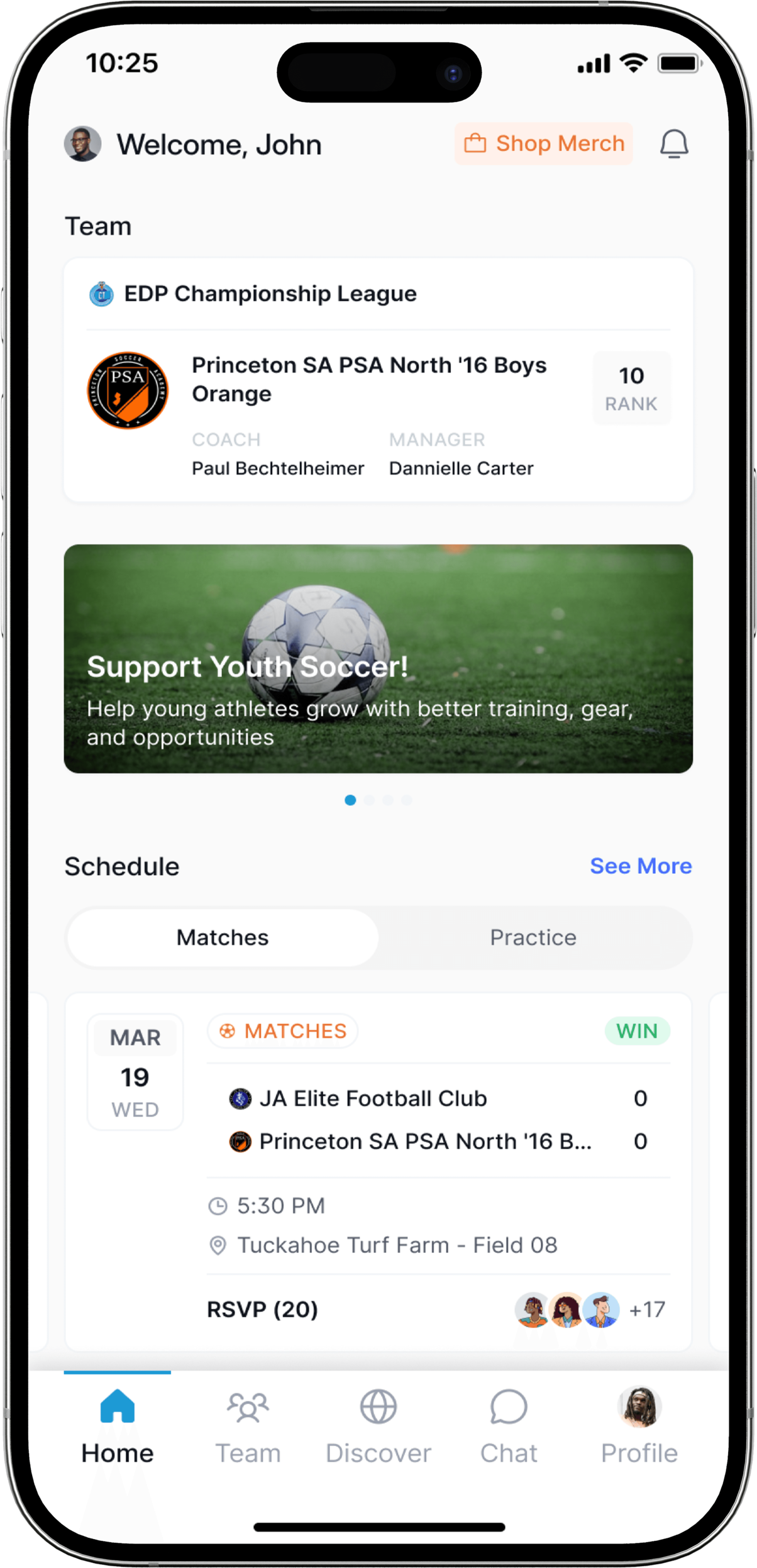 HiLYTE app home screen with team details, schedule, and RSVPs